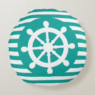 Nautical Helm on Burlap White and Teal Stripes Round Cushion