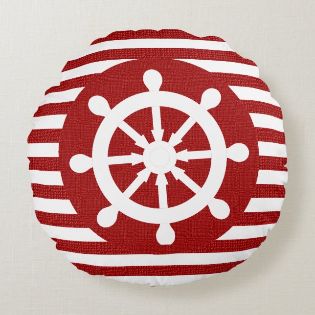 Nautical Helm on Burlap White & Dark Red Stripes Round Cushion (Front)