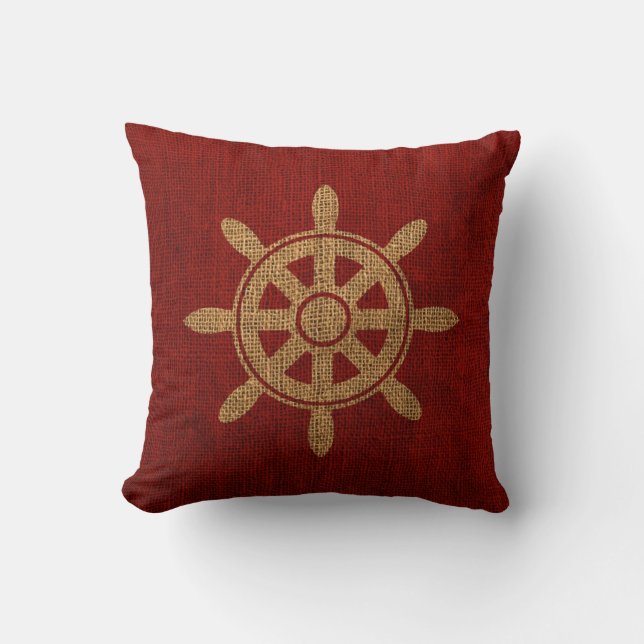Nautical Helm Wheel Red Cushion (Front)