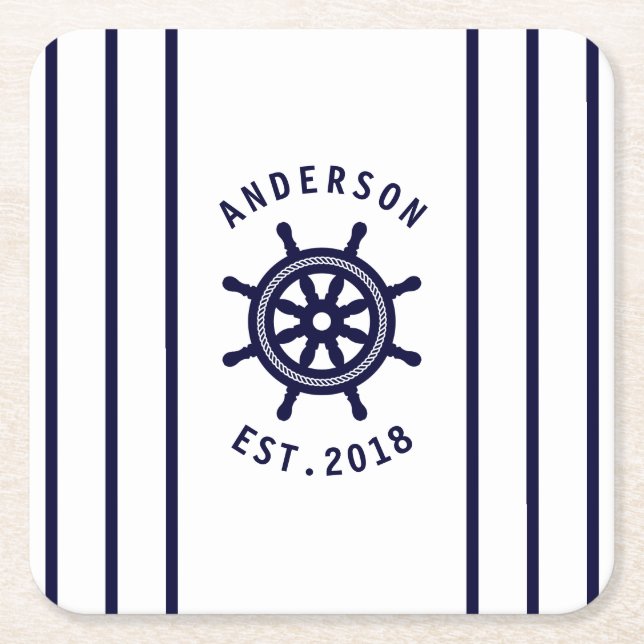 Nautical Helm White and Navy Blue Striped Custom Square Paper Coaster (Front)