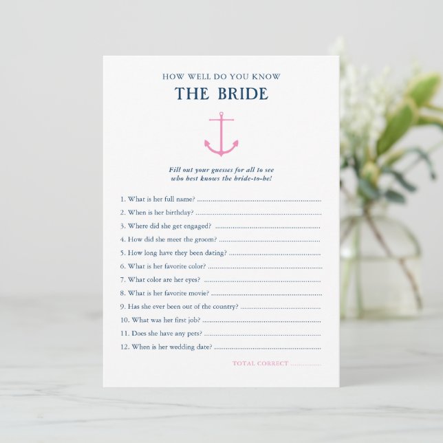 Nautical How Well Know Bride Bridal Shower Game Invitation (Standing Front)