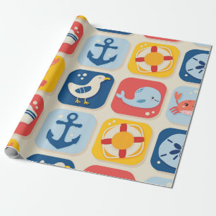 Nautical Icon Grid Pattern Wrapping Paper