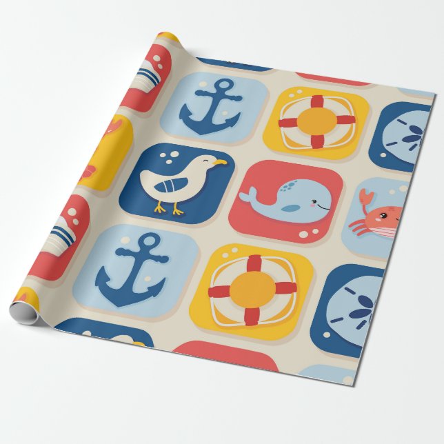 Nautical Icon Grid Pattern Wrapping Paper (Unrolled)