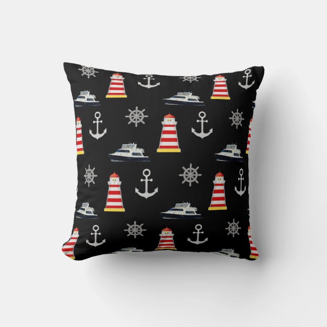 Nautical Icons, Silver Anchor on Black Cushion (Front)