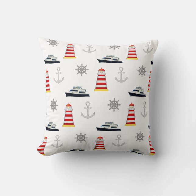 Nautical Icons, Silver Anchor on White Cushion (Front)