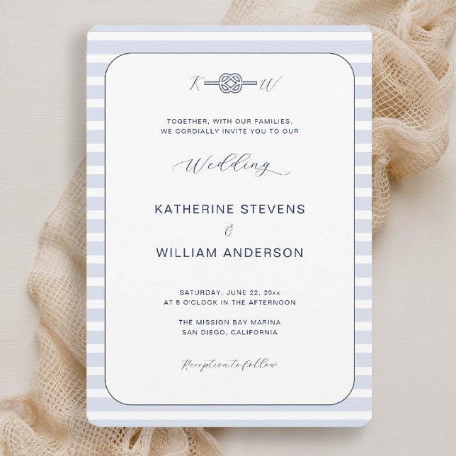 Nautical Infinity Knot Calligraphy Coastal Wedding Invitation (beach wedding invitation nautical coastal blue stripes elegant modern infinity knot monograms modern)