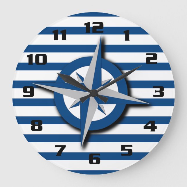 Nautical Inspired Compass and Stripes Pattern Large Clock (Front)