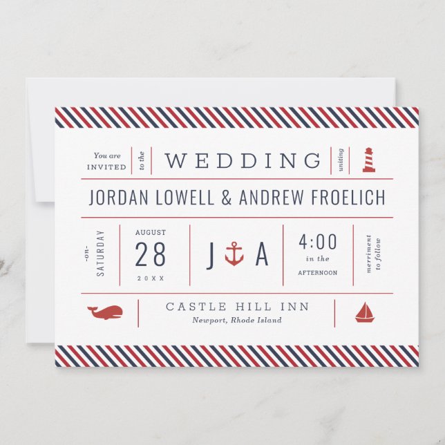 Nautical Invite Red White Blue New England Wedding (Front)