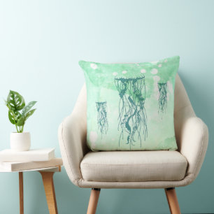 Nautical Jellyfish Sea Green Watercolor Cushion