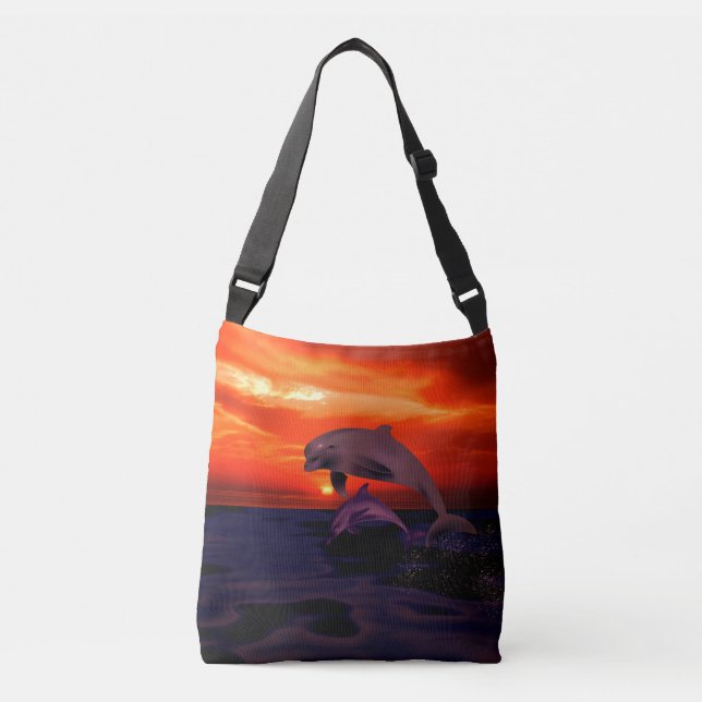 Nautical Jumping Dolphins Orange Ocean Sunset Crossbody Bag (Front)