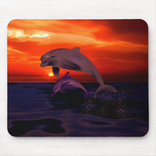 Nautical Jumping Dolphins Orange Ocean Sunset Mouse Mat (Front)