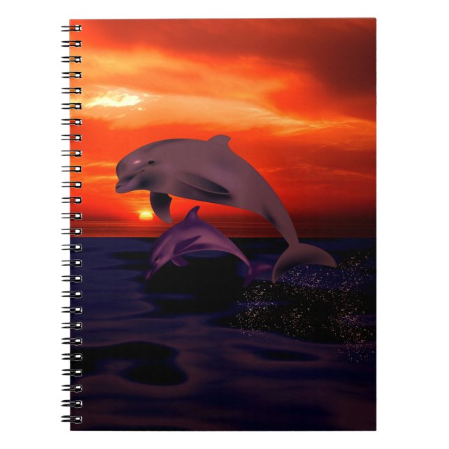 Nautical Jumping Dolphins Orange Ocean Sunset Notebook (Front)