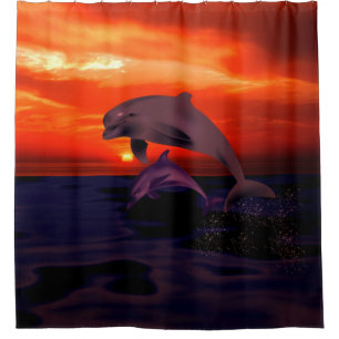 Nautical Jumping Dolphins Orange Ocean Sunset Shower Curtain