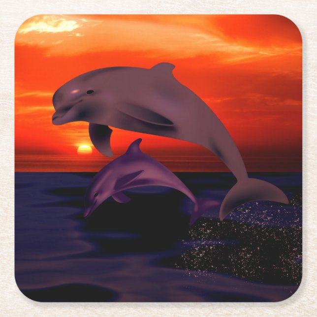 Nautical Jumping Dolphins Orange Ocean Sunset Square Paper Coaster (Front)