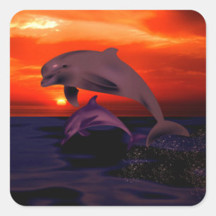 Nautical Jumping Dolphins Orange Ocean Sunset Square Sticker