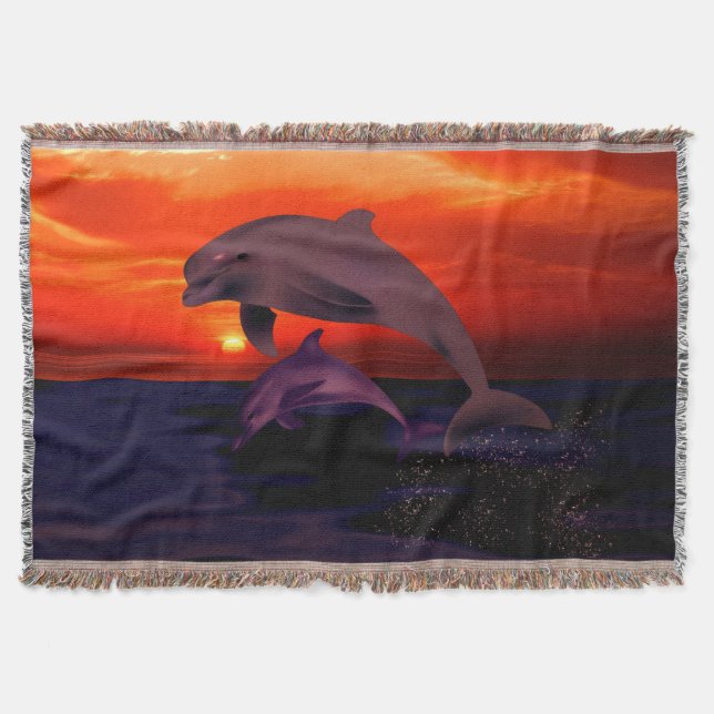 Nautical Jumping Dolphins Orange Ocean Sunset Throw Blanket (Front)
