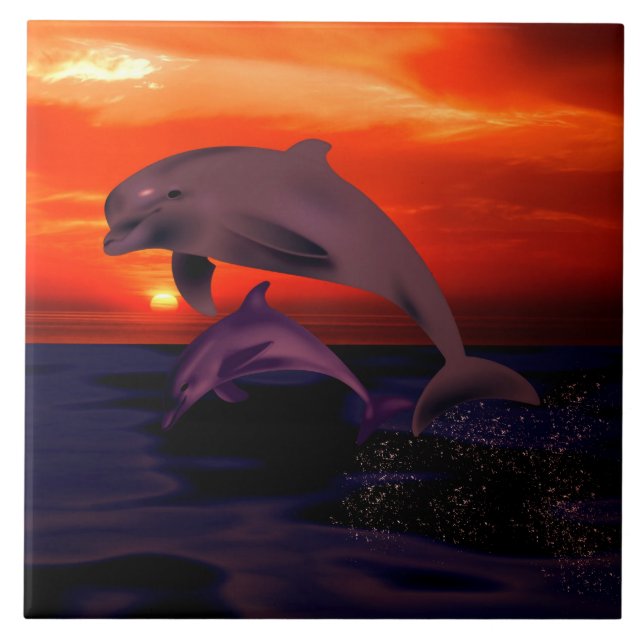 Nautical Jumping Dolphins Orange Ocean Sunset Tile (Front)