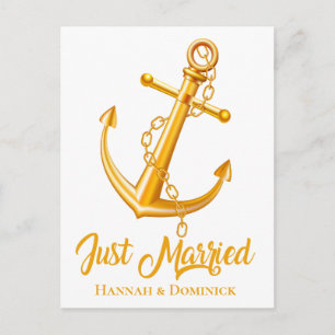 Nautical Just Married Gold Anchor Beach Wedding Announcement Postcard