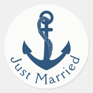 Nautical Just Married Navy Blue Anchor Wedding Classic Round Sticker