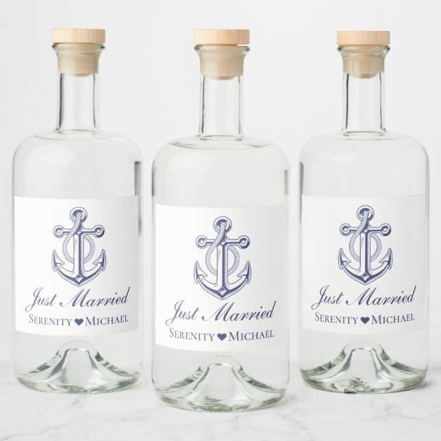 Nautical Just Married Navy Blue Anchor Wedding Liquor Bottle Label (Bottles)