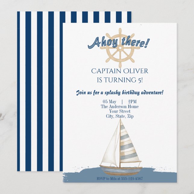 Nautical Kids Birthday | Navy Blue & White boat Invitation (Front/Back)