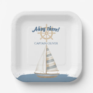 Nautical Kids Birthday Navy Blue & White boat Paper Plate