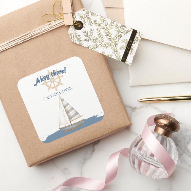 Nautical Kids Birthday | Navy Blue & White boat Square Sticker (Gifting)