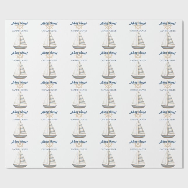 Nautical Kids Birthday | Navy Blue & White boat Wrapping Paper (Flat)