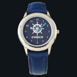 Nautical kid's watch with small ship wheel & name<br><div class="desc">Nautical kid's watch with small ship wheel logo and name. Custom watch personalised with child's name or monogram letters. Cute maritime theme timekeeper clock design for little boys Birthday party. Make one for little sailor son, skipper grandson, grandchild, first mate nephew, friend, brother, boat captain son etc. Navy blue and...</div>