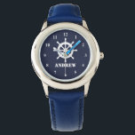Nautical kid's watch with small ship wheel & name<br><div class="desc">Nautical kid's watch with small ship wheel logo and name. Custom watch personalised with child's name or monogram letters. Cute maritime theme timekeeper clock design for little boys Birthday party. Make one for little sailor son, skipper grandson, grandchild, first mate nephew, friend, brother, boat captain son etc. Navy blue and...</div>