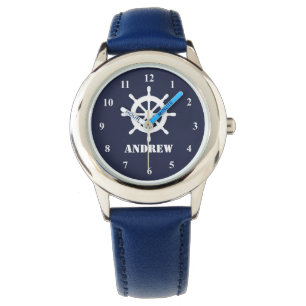 Nautical kid's watch with small ship wheel & name
