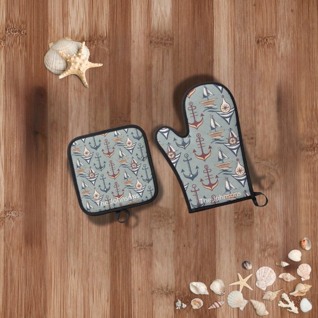 Nautical Kitchen Personalised Gift Oven Mitt & Pot Holder Set (Creator Uploaded)
