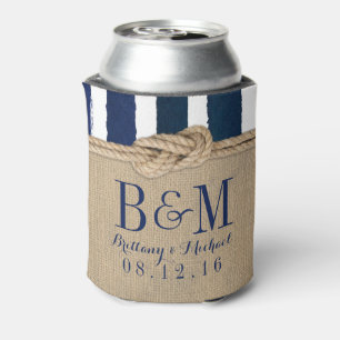 Nautical Knot Burlap Navy Stripes Wedding Can Cooler