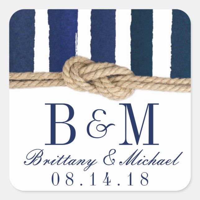 Nautical Knot Burlap Navy Stripes Wedding Stickers (Front)
