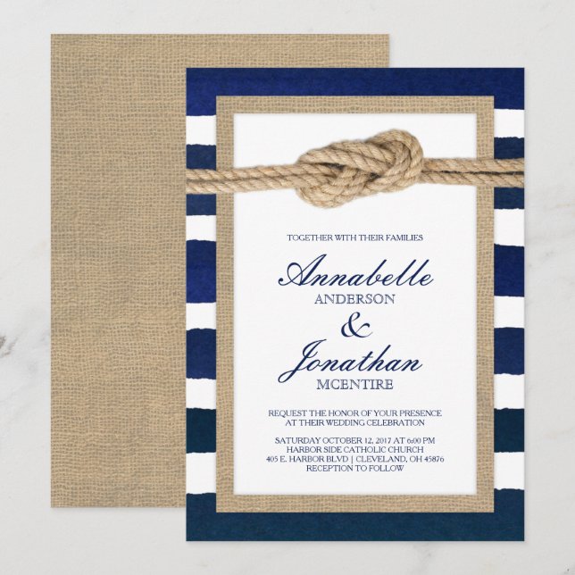 Nautical Knot Burlap & Watercolor Navy Stripes Invitation (Front/Back)