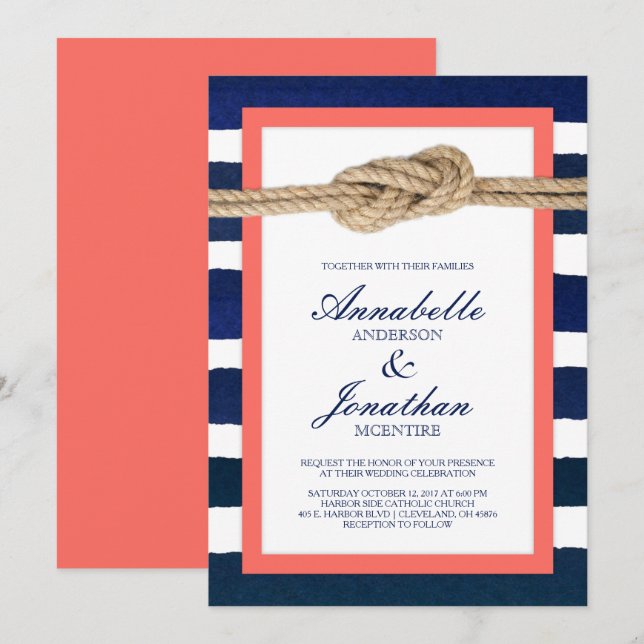 Nautical Knot Coral & Navy Stripes Wedding Invitation (Front/Back)