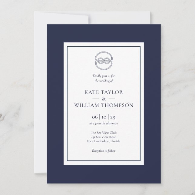 Nautical Knot Navy Blue And White Wedding Invitati Invitation (Front)