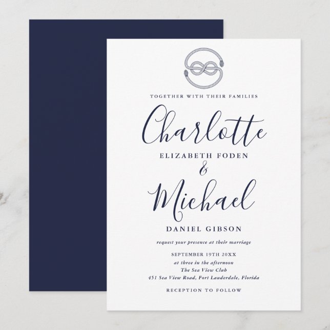Nautical Knot Navy Blue Script Wedding Invitation (Front/Back)