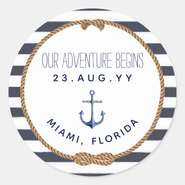 Nautical Knot Navy Blue & White Striped Wedding Classic Round Sticker (Front)