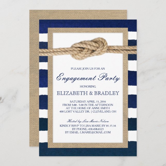 Nautical Knot Navy Stripes Bridal Engagement Party Invitation (Front/Back)