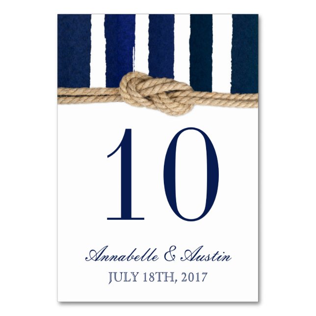 Nautical Knot Navy Stripes Wedding Table Card (Front)