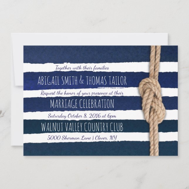 Nautical Knot Watercolor Stripes Wedding Invitation (Front)