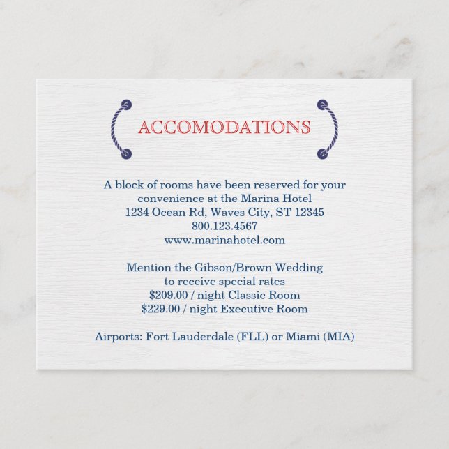 Nautical Knot Wedding Accommodations Card (Front)