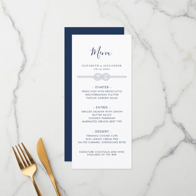 Nautical Knot White Navy Rehearsal Dinner Menu (Front/Back In Situ)