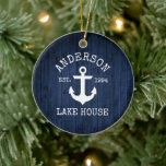 Nautical Lake House Anchor Blue Wood Family Name Ceramic Tree Decoration<br><div class="desc">Nautical Lake House Anchor Rustic Blue Wood Family Name Ornament</div>
