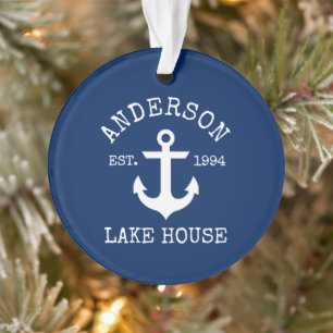 Nautical Lake House Anchor Family Name Blue Ornament