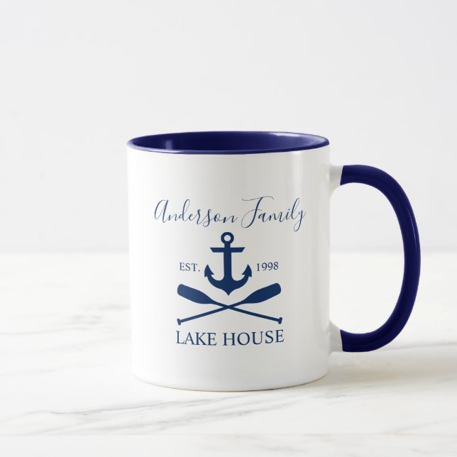Nautical Lake House Anchor Oars Family Blue White Mug (Right)
