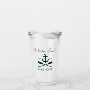 Nautical Lake House Anchor Oars Family Name Green Acrylic Tumbler