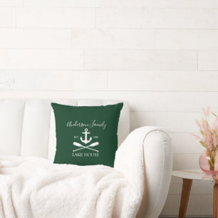 Nautical Lake House Anchor Oars Family Name Green Cushion