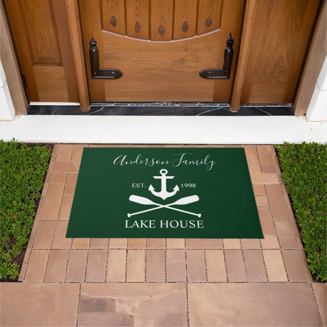 Nautical Lake House Anchor Oars Family Name Green Doormat (Outdoor)